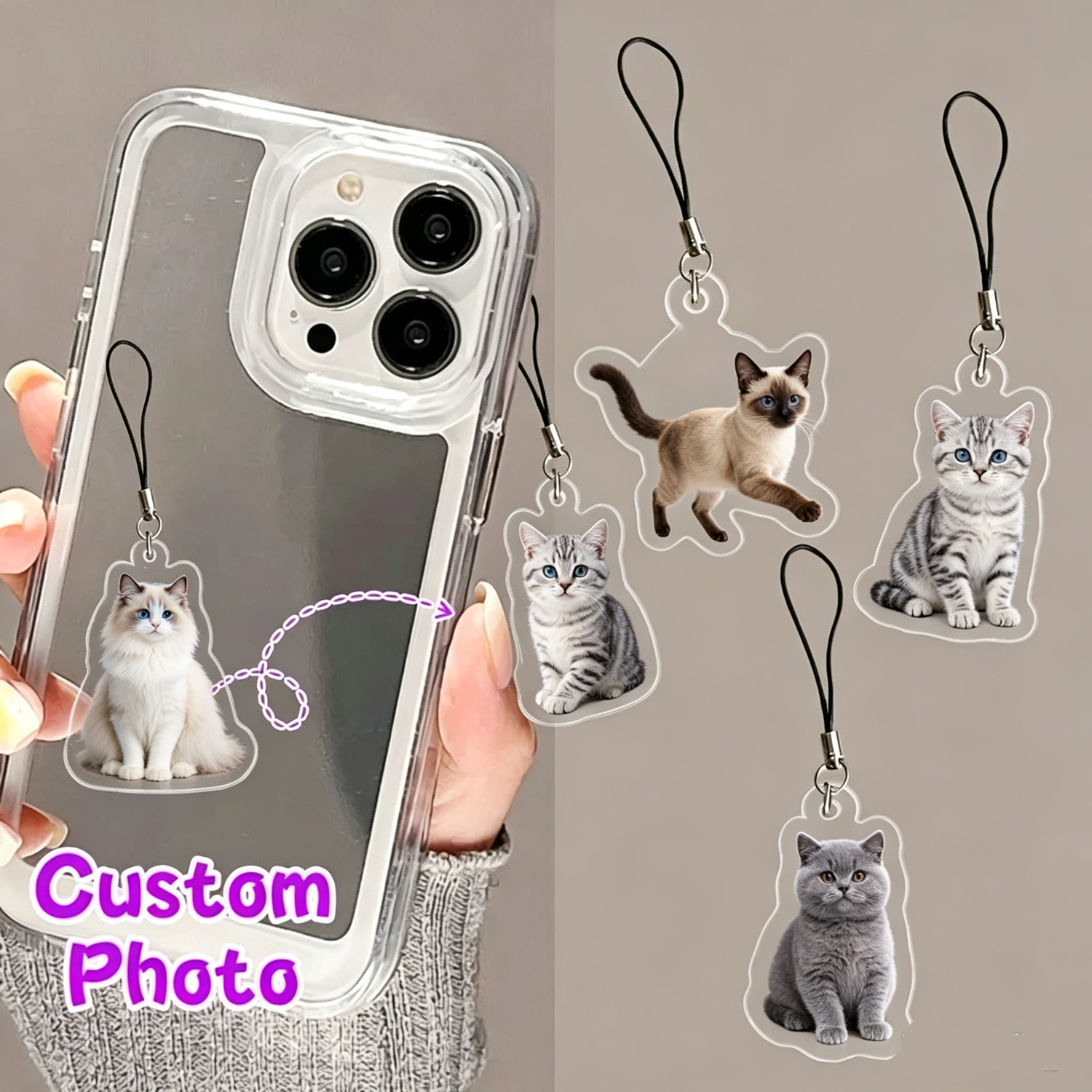 Pet Portrait Custom - Personalisierter Haustier-Porträt-Handyanhänger, personalisierter Katzen-Foto-Acryl-Handy-Charm, personalisierter Handy-Anhänger